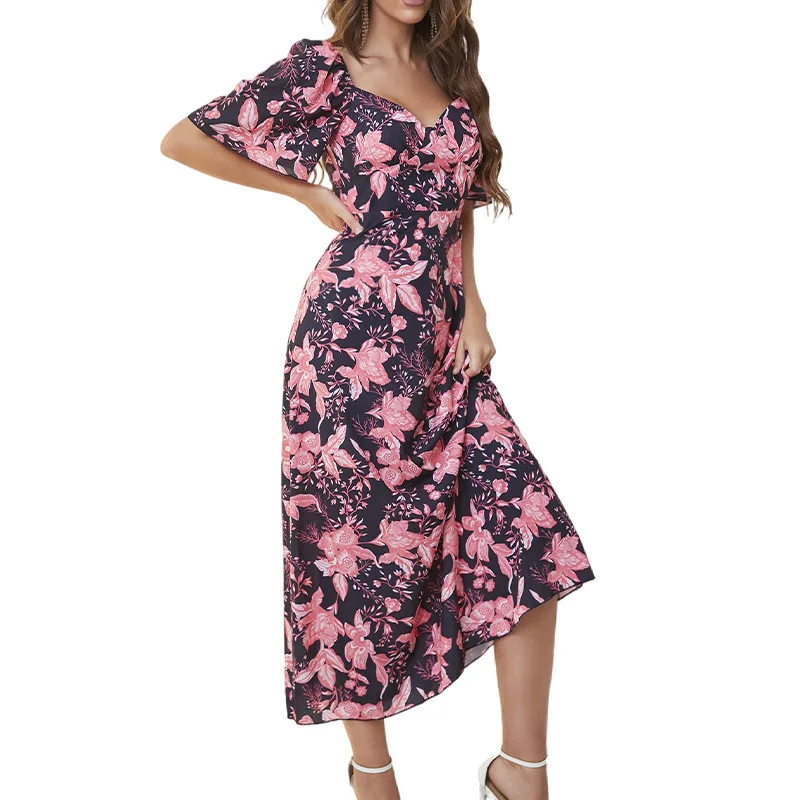

2022 Summer Collection Women Clothing Allover Floral Print Vacation Sweetheart Neck Puff Sleeve A Line Midi Dress