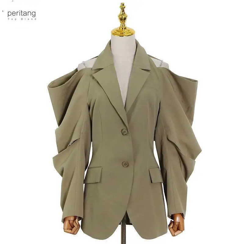 

Solid Fold Pleated Women Coat Notched Long Sleeve Gathered Waist Cut Out Women's Blazer 2023 Fashion Clothing New