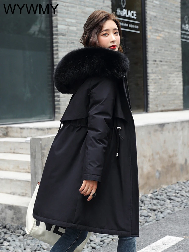 WYWMY Warm Winter Coat Women Parkas Long Plus Velvet Fur Hooded Clothing Fashion Loose Thick Warmth Down Cotton Jacket Feminina