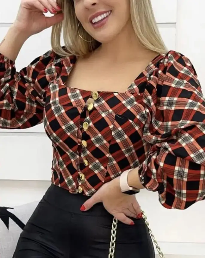 

Women Elegant Square Neck Long Lantern Sleeves Plaid Button Women Working Blouse Tops