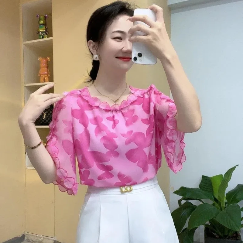 2024 новая летняя корейская модная шифоновая свободная рубашка с короткими