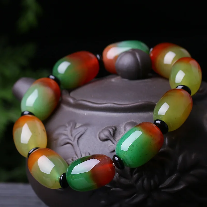 

Natural Colorful Agate Beads Elastic Bracelet Charm Jadeite Jewellery Fashion Hand Knitted Lucky Man Woman Amulet Gifts