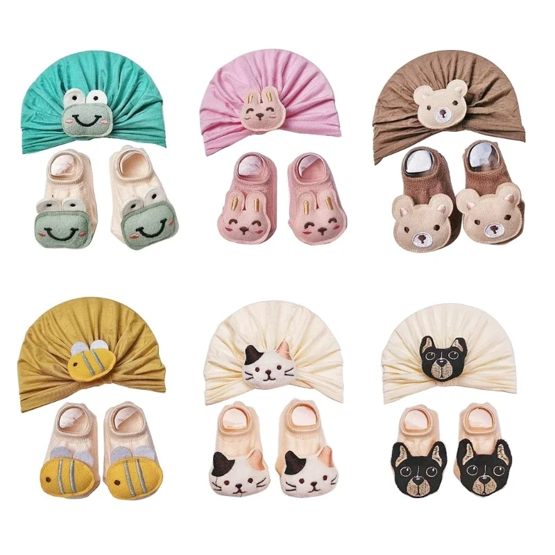 

Spring Autumn Baby Hat with Socks Cartoon Soft Breathable Turban Hat Cosy Headgear for Newborns
