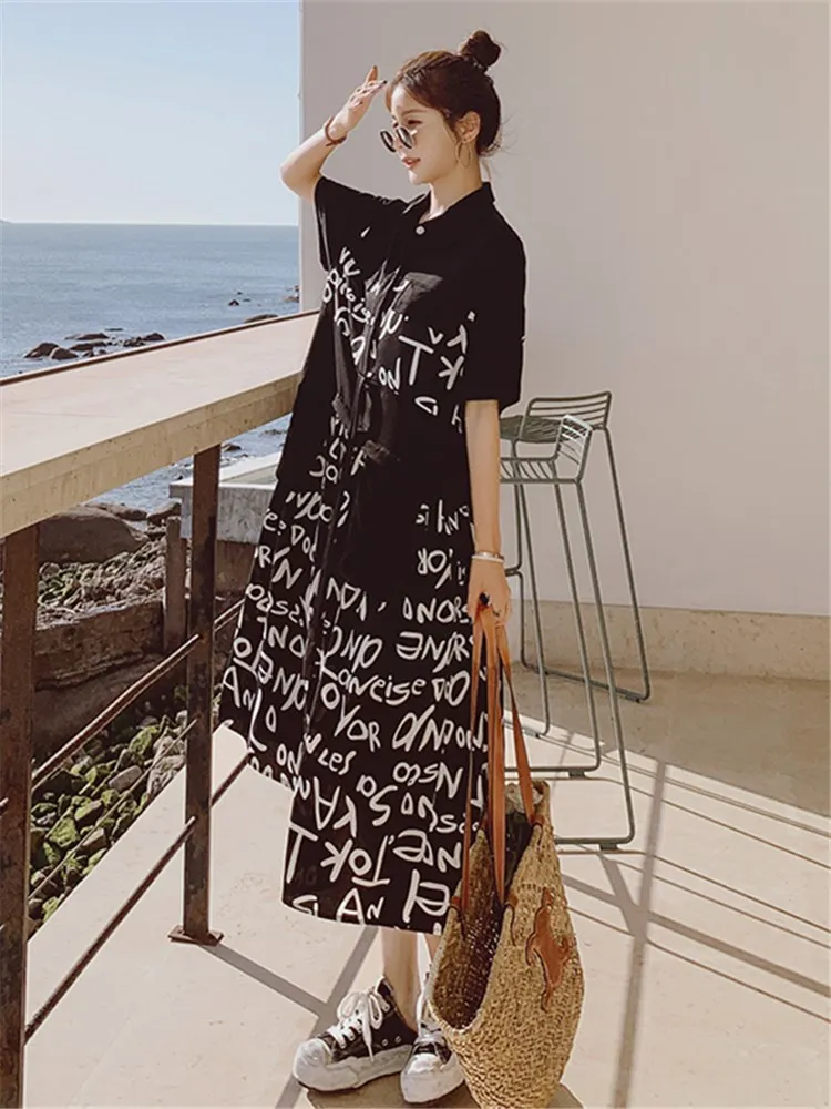 

Женское винтажное платье-рубашка, повседневное свободное платье макси во французском стиле с буквенным принтом, женская уличная одежда, дл...
