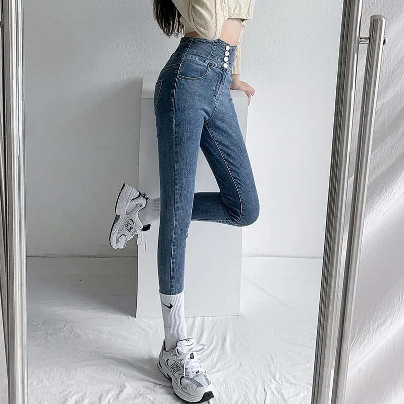MHMR 2023 New  Women's Pants  Skinny Pencil Jeans Four Buttons Vintage High Waist Women Slim Stretch Denim Pants Tight Trousers