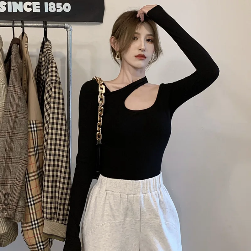 

Women's T-shirt Sexy Hollow Out Long Sleeve Top Women Slim Solid Spring Autumn Fashion Casual T-shirts Streetwear Basic Top