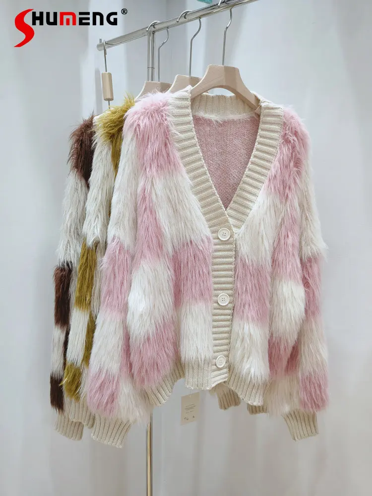 Autumn Winter Mink Wool Plaid Contrast Color V-neck Sweaters Cardigan Coat Women Socialite Imitation Fox Fur Sweater Jacket Top