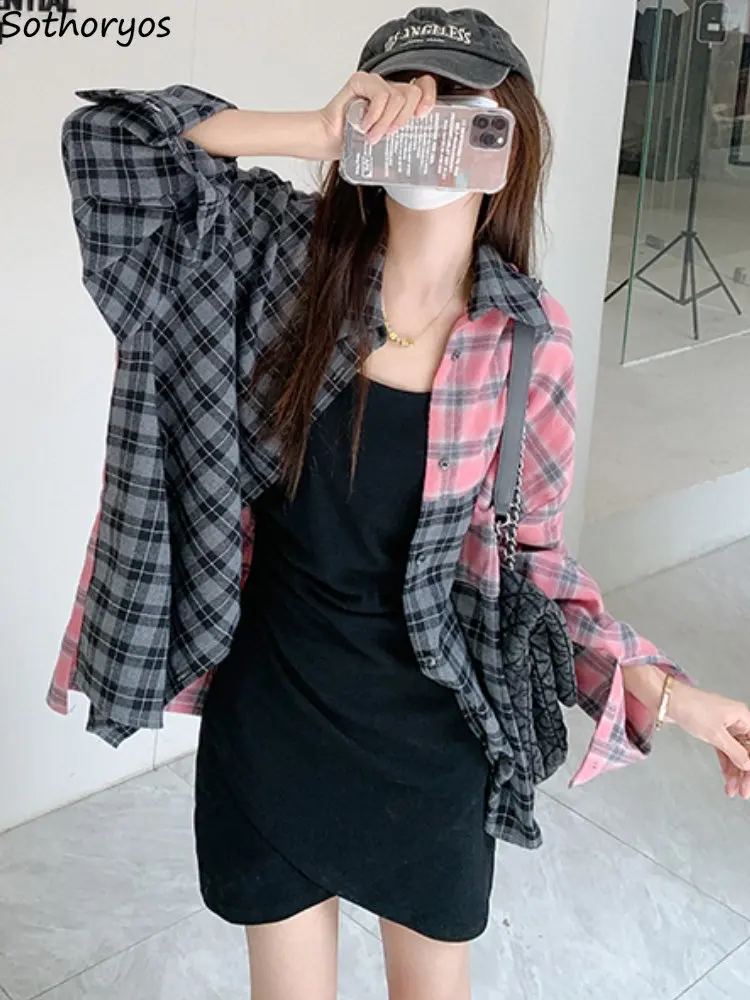 

Shirts Women Plaid Design Personality Casual All-match Creativity Spring Stylish Streetwear Spliced Ladies Loose Ulzzang Daily