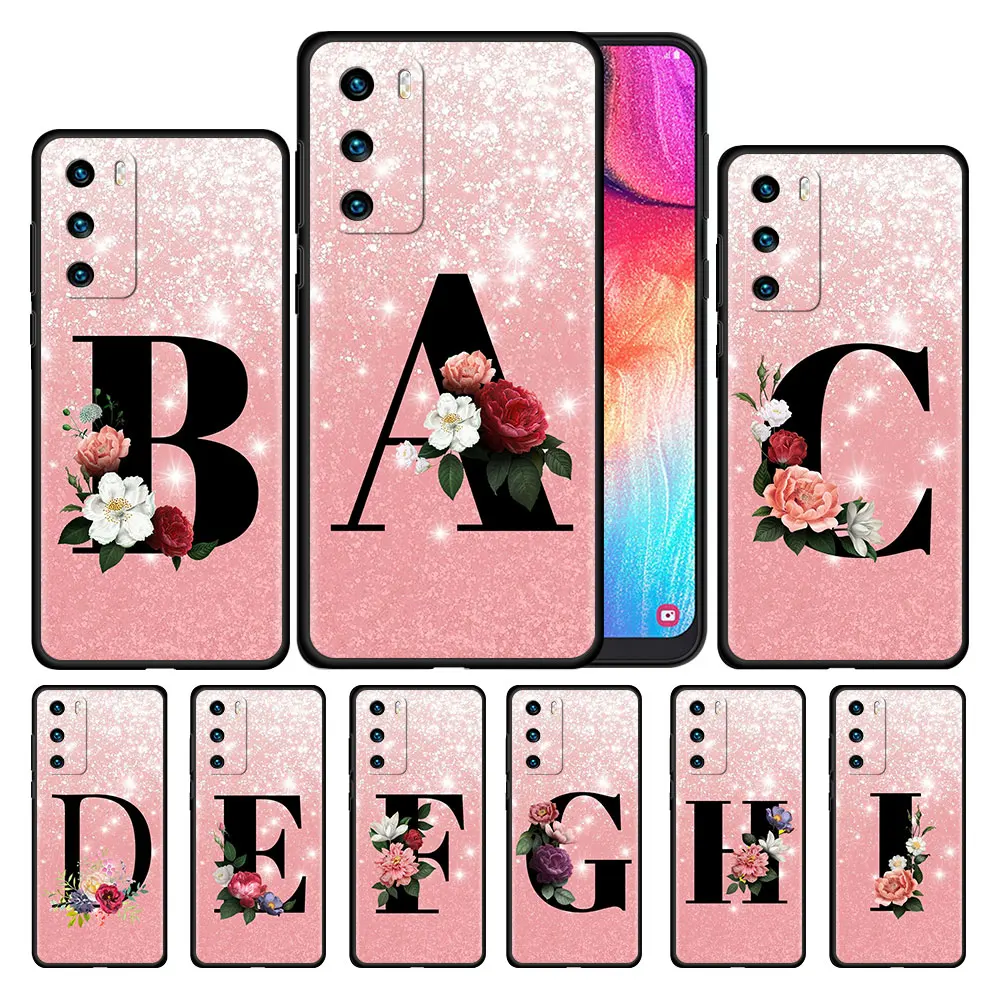 

Case For Huawei P30 P Smart Z P40 Lite E Y7 P20 Y6 Honor 8X 50 20 Pro 30i Y9 2018 Black Phone Coque Letter A B C Flowers Pink
