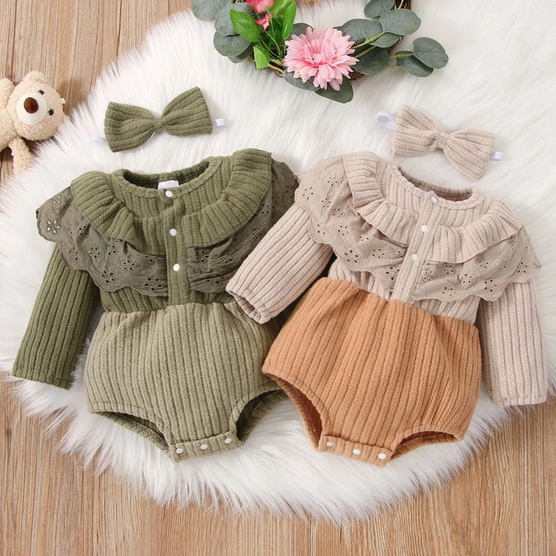 

Kids Spring Autumn Baby Girls Ribbed Romper Long Sleeve Ruffled Lace Bodysuit with Headband Jumpsuits Newborn Outfits 0-18M
