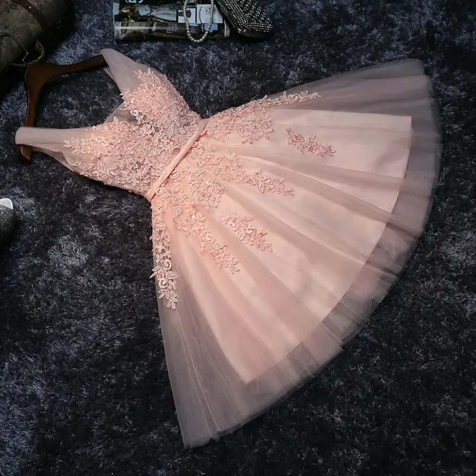 

Элегантные Выпускные платья 2023, короткое Тюлевое платье с V-образным вырезом, аппликацией и бисером, со шнуровкой, длиной до колена