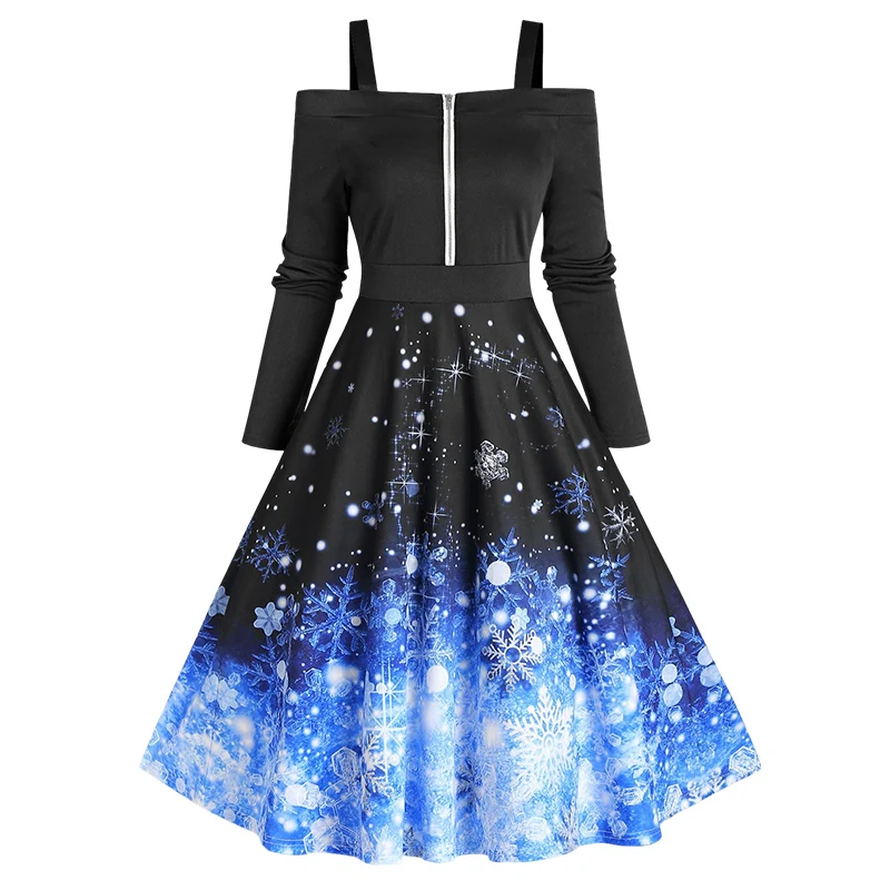 

Christmas Snowflake Open Shoulder Half Zip Dress Midi Square Neck Black Christmas Party Robe