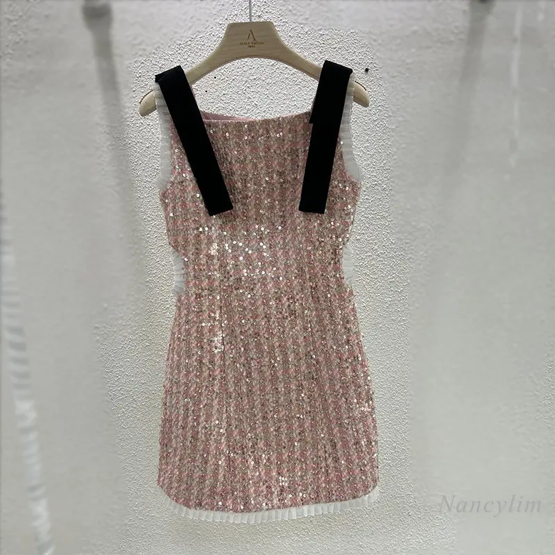 2023 Spring and Summer Chic Dress Womens New French Style Luxury Fashion Princess Style Sequin Waist-Leaking Strap Dresses Lady