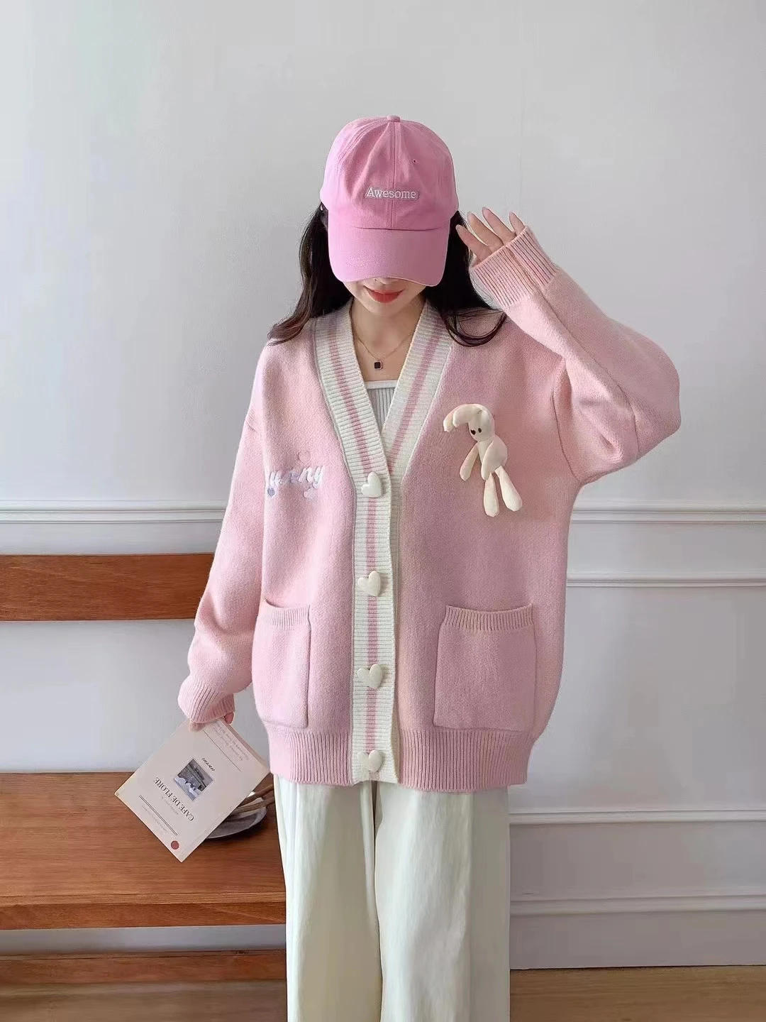 Японский студенческий стиль милый 3D кукольный вязаный кардиган для женщин