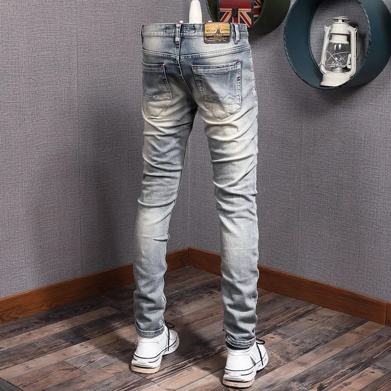 Fashion Designer Men Jeans Retro Light Blue Elastic Slim Fit Ripped Jeans Men Vintage Trousers Patched Casual Denim Pants Hombre
