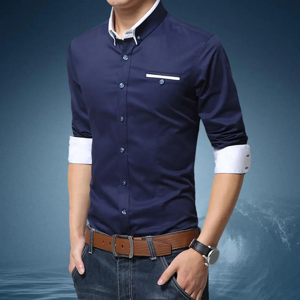 

Рубашка мужская офисная приталенная, деловая сорочка с воротником с лацканами, дышащая ткань, однотонная формальная одежда для офиса