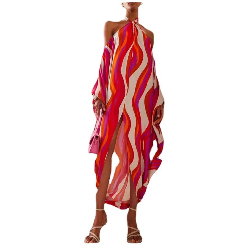 

2023 Spring Women's New Fashion Stripe Print Dress Colorful Sexy Hanging Neck Lace Up Elegant Temperament Open Back Tank Top