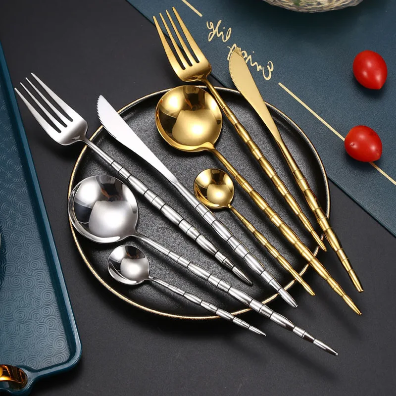 

Creative Bamboo Handle 304 Stainless Steel Tableware Silver Gold Western Dinnerware Round Head Spoon Knife Fork for Kitchen
