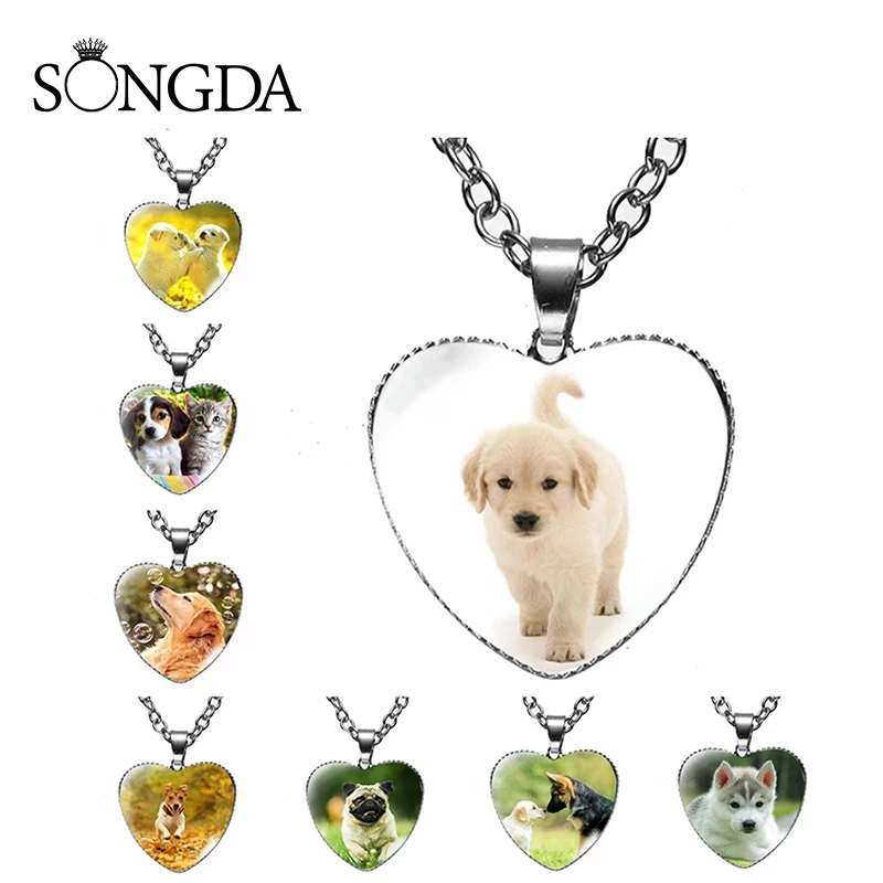 

Cute Pet Dog Heart Pendant Necklace For Women Girls Border Pug Chihuahua Glass Dome Trinkets Jewelry Accessories Souvenir Gifts