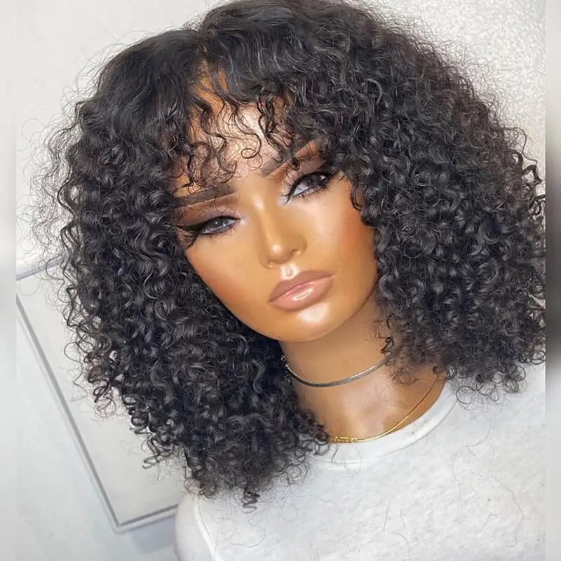 

Kinky Curly Human Hair Wigs With Bangs Full Machine Made Jerry Curly Brazilian Remy Human Hair Wigs For Women Short Bob Afro Wig