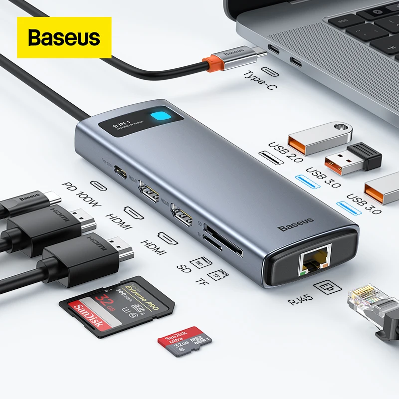 Baseus USB C HUB Type к 3 0 HDMI-совместимый RJ45 PD100W адаптер 9 в 1 Type-C для Macbook Air Pro iPad |