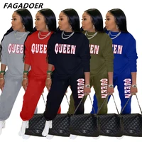 fagadoer queen letter print womens tracksuit long sleeve top sweatpants matching two 2 piece set outfits sweatsuit streetwear