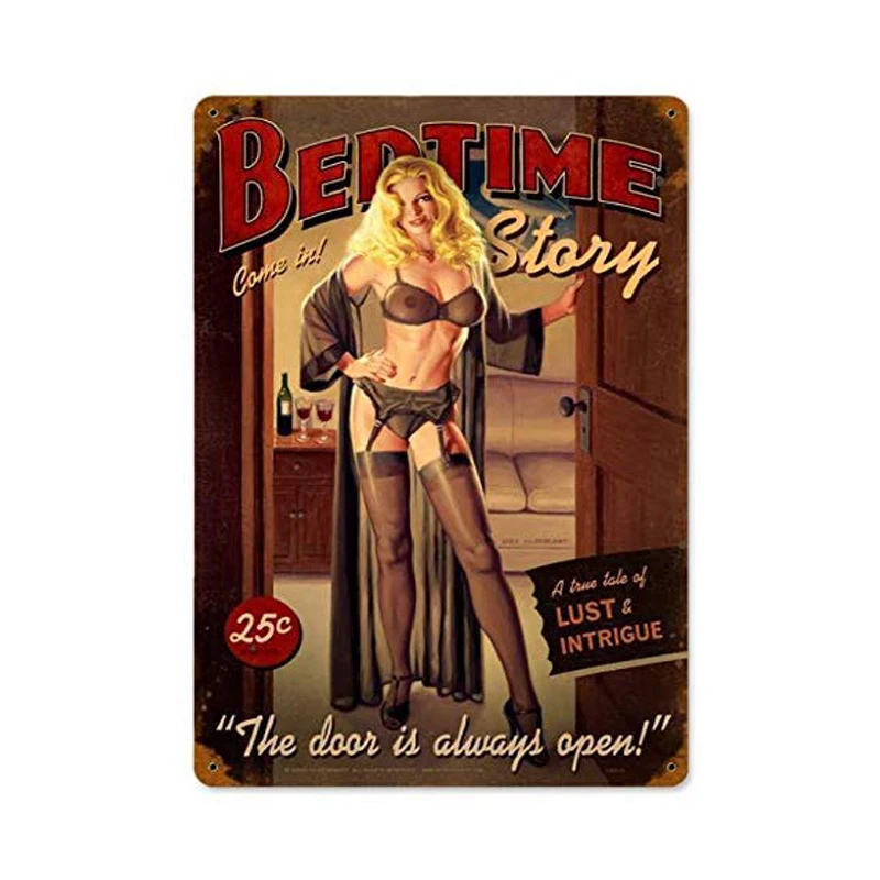 

Vintage Bedtime Story - Pin-Up Girl Metal Tin Signs 8 x 12 Inch Wall Decor Sign for Room Indoor Garage Tavern Beer Home Plaque