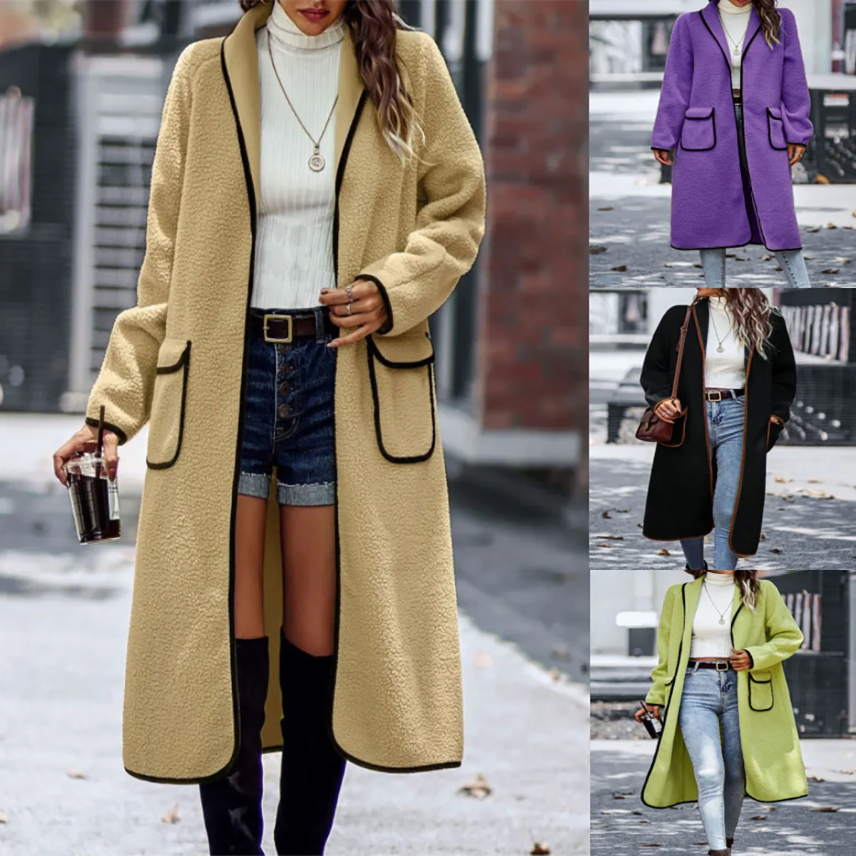 

2023 Autumn/Winter European and American Women's Polo Solid Lamb Fleece Temperament Contrast Pocket Long Coat Oversize Outwear