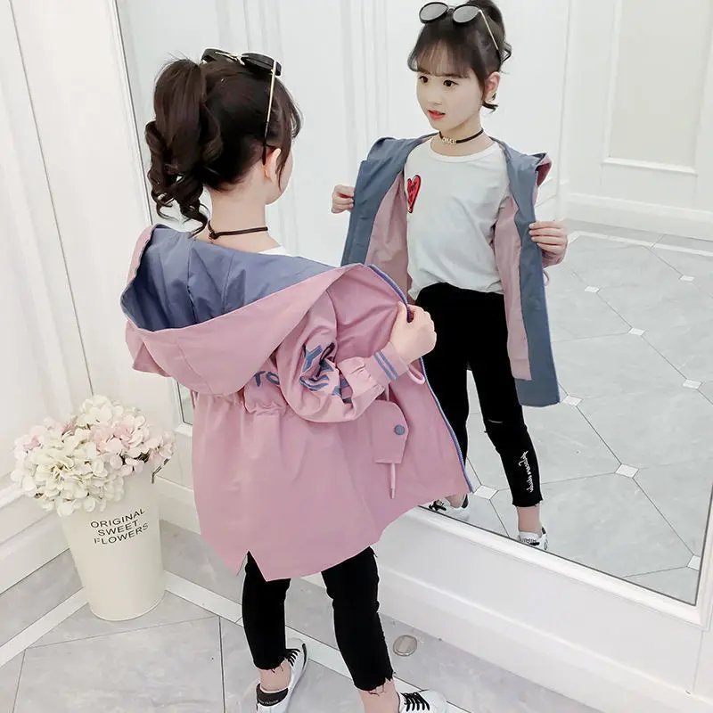 

All-match 12 2 14 Drawstring Child Years 13 Autumn Waist Big Spring Jackets Tight Sports Long Old Girls Windbreaker Hooded Coats