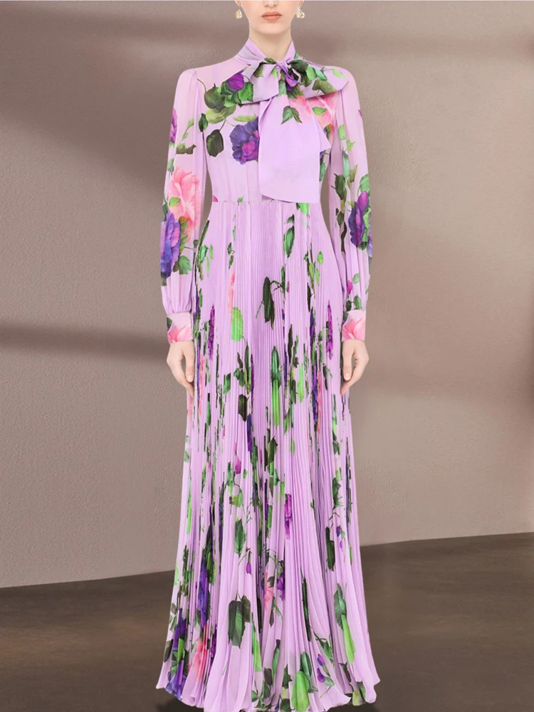 

High Quality Fashion Spring New Women‘S Celebrity Bohemia Print Girls Purple Chiffon Long Dress Party Pleated Casual Dresses