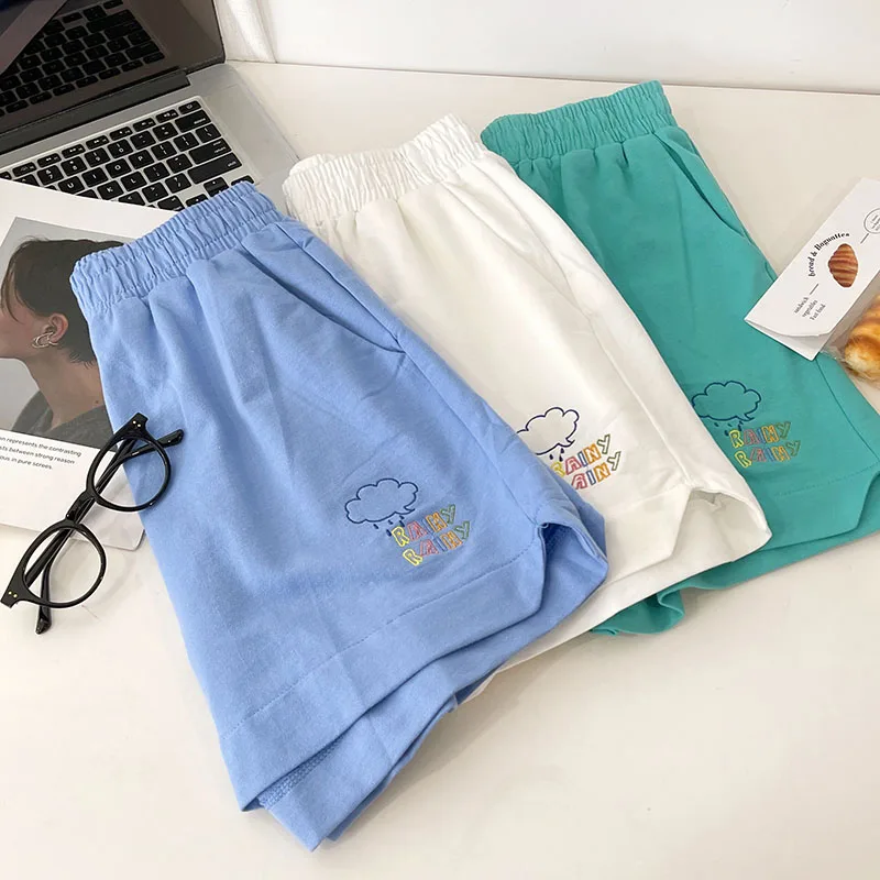 Casual Solid Color Cloud Letter Embroidered Elastic High Waist Shorts