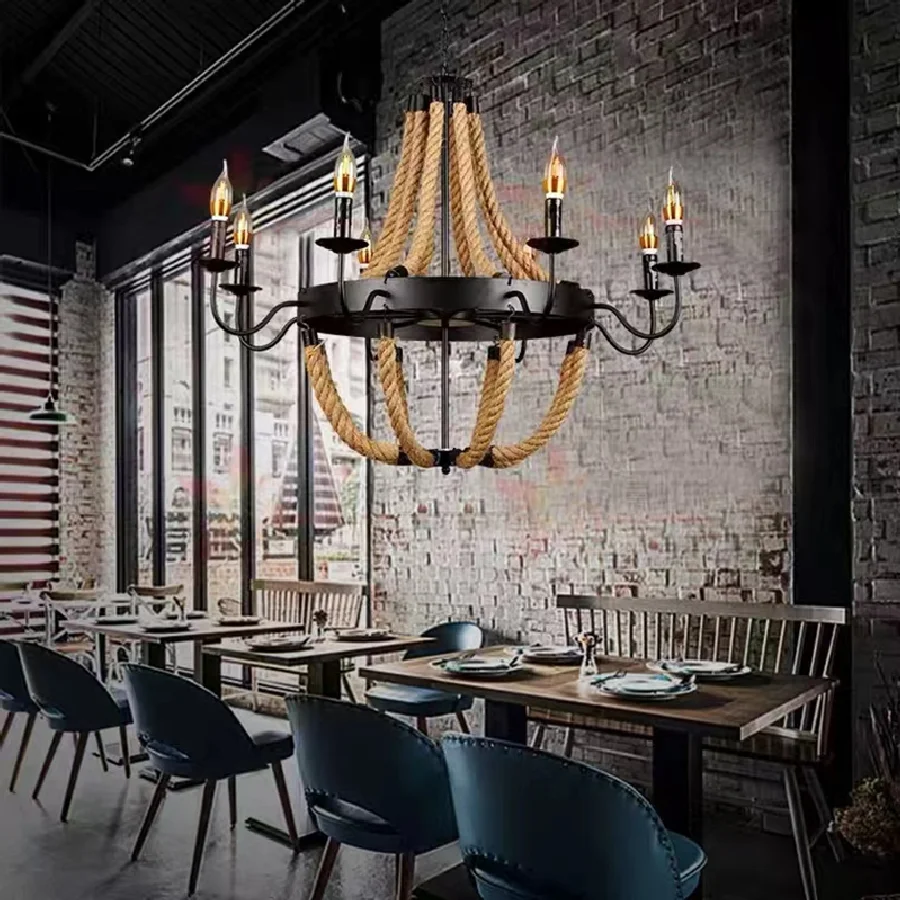 

Индивидуальная ретро люстра в стиле индастриал, круглый потолочный светильник для ресторана, бара, кафе, пеньковая веревка
