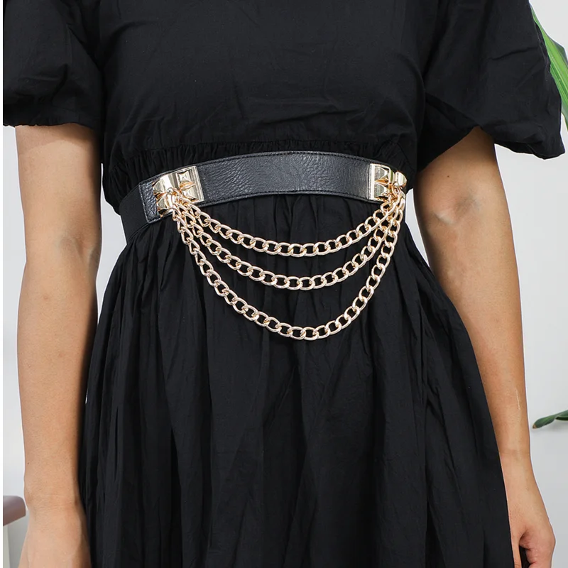 

Luxury Gold Three Chains Belt Elastic Women Stretch Harajuku Metal Waist Belts Ladies Coat Skirt Waistband Casual Ketting Riem