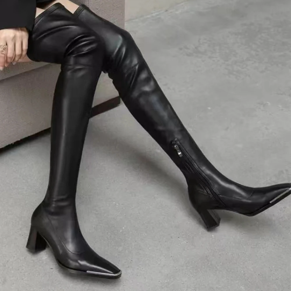 

Women Over The Knee Boots Autumn Winter New Square Toe High Heel Thigh Boot Patent Leather Slip-On Sexy Ladies Boots Botas Mujer