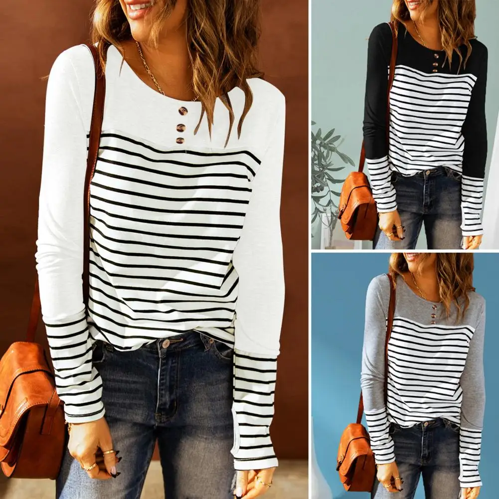 

Women T-shirt All Match Women Blouse Stripe Design Casual Blouse