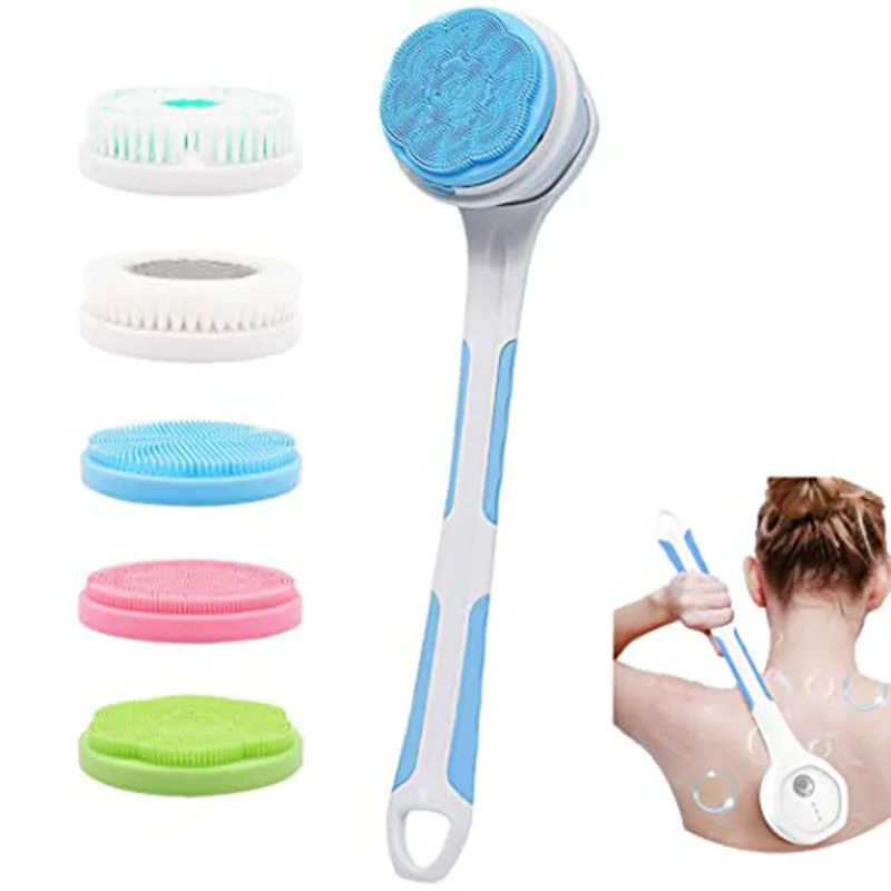 Removable Electric Body Brush For Shower Rechargeable Exfoliating Back Scrub With Long Silicone Handle And 5 Brush Heads