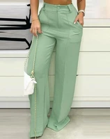 summer women zipper fly pocket detail straight leg pants 2022 fashion casual solid color wide leg trousers