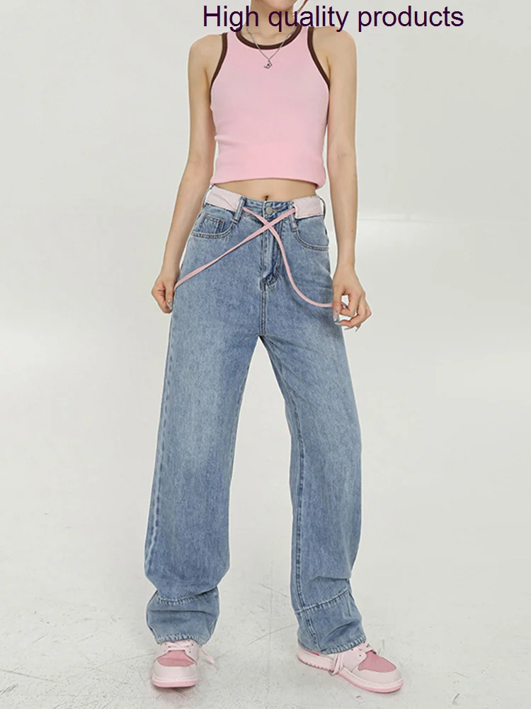 

Spring 2023 Women High Waist Lace Up Jean Trousers Loose Wide Leg Straight Mopping Female Denim Pants Vintage Harajuku Y2k