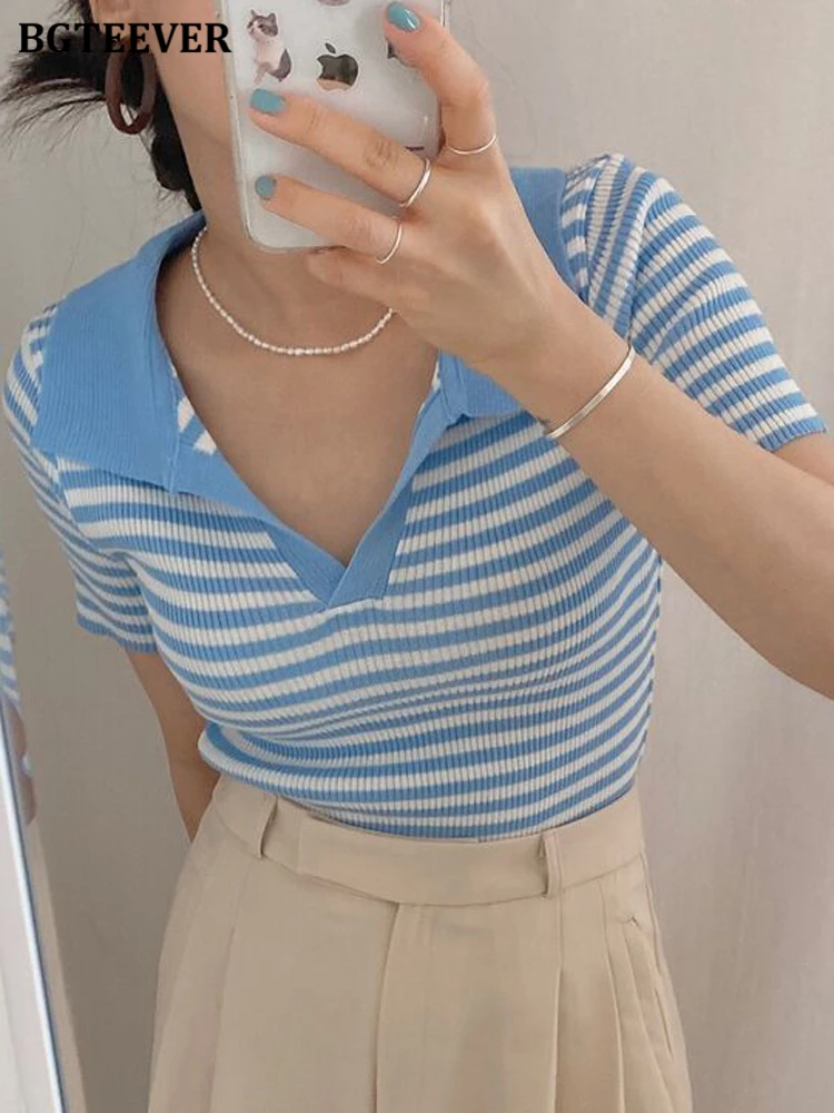 

BGTEEVER Casual Turn-down Collar Striped Knitted T-shirts Tops for Women 2022 Summer Short Sleeve Slim Female Pullovers Tees