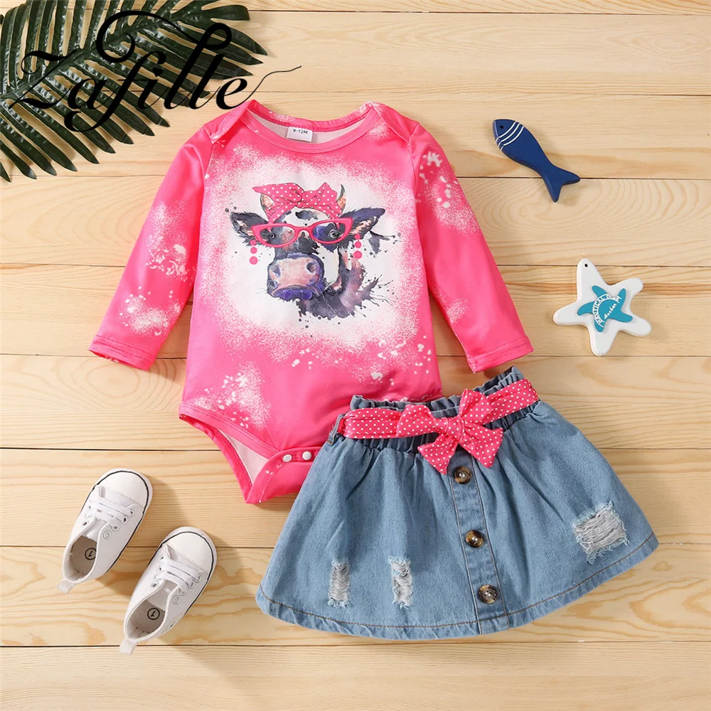 

ZAFILLE Baby Denim Dress 2022 Cute Bull's Head Bodysuit+Bowknot Skirts Set 2pcs Infant Suit 0-18M Toddler Baby Girl Clothes Set