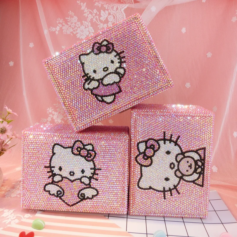 

Kawaii Sanriod Anime Surrounding Kitty Cute Homemade Diy Full Diamond Jewelry Box Double Layer Lock Large Capacity Jewelry Box