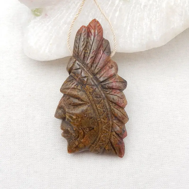 

Natural Stone Warring States Red Agate Carved Indian Head Pendant Bead 51x28x8mm 14.3g Semiprecious Fashion Jewelry Necklace