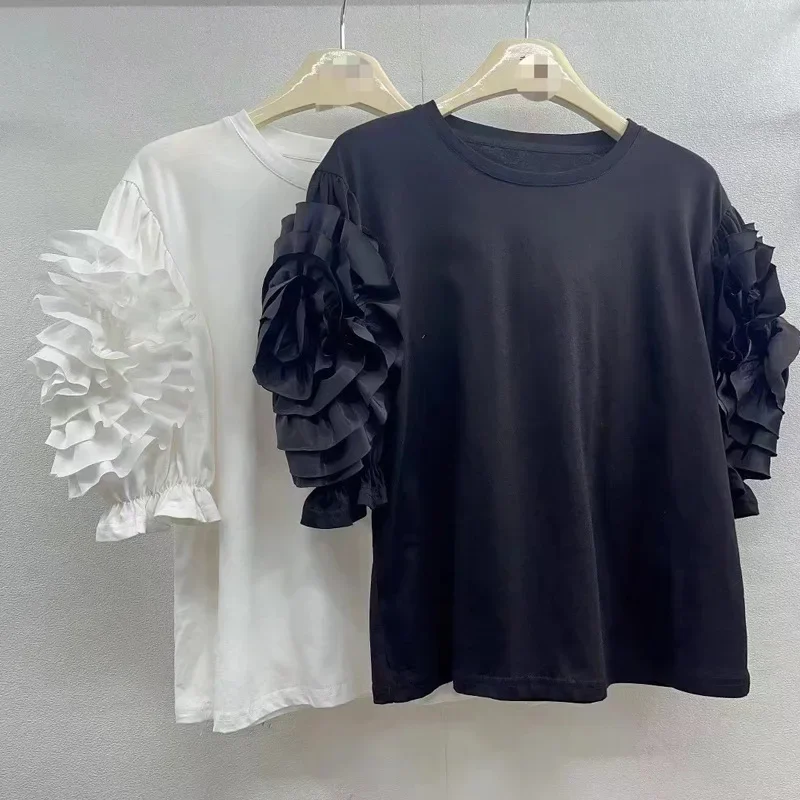 2024 весна-лето круглый вырез короткие рукава 3D цветок полый крой дизайнерский