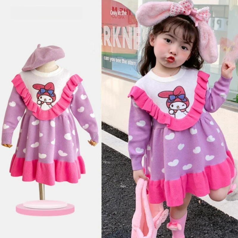 

Girls Autumn Winter Dress Love Round Neck Cartoon My Melody Children's Dress Cute Sweet Long Sleeve Knitted Dress Birthday Gift