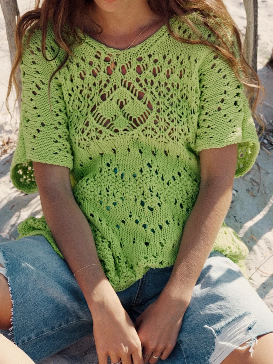 

Hollow Out Loose Boho T-Shirt Woman V-Neck Short Sleeve Oversized Smock Tshirt 2023 Summer Beach Holiday Tee Tops Outfit Clothes