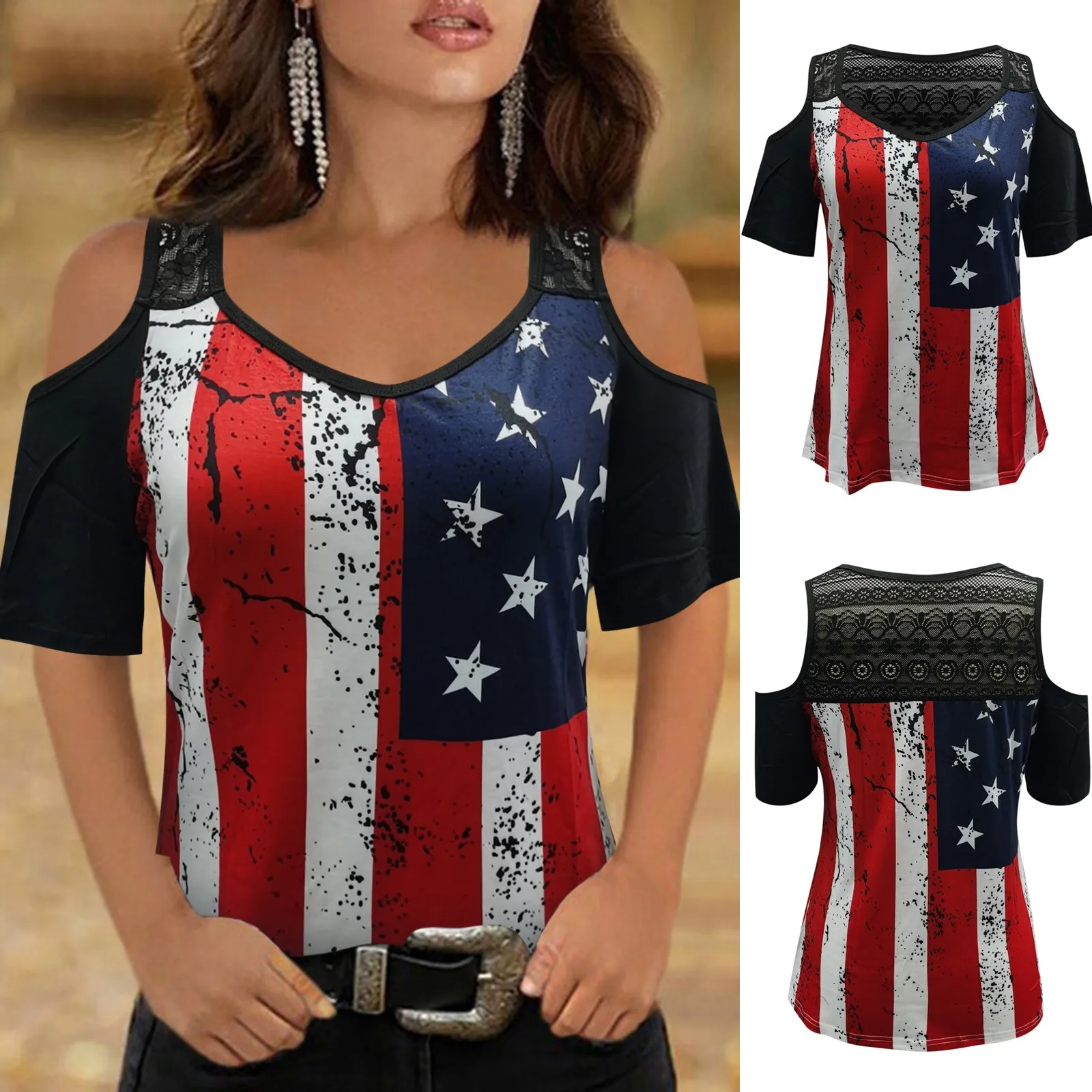 

Женская Повседневная футболка с коротким рукавом, принтом на День Независимости, кружевной комбинированный топ с V-образным вырезом, ажурны...