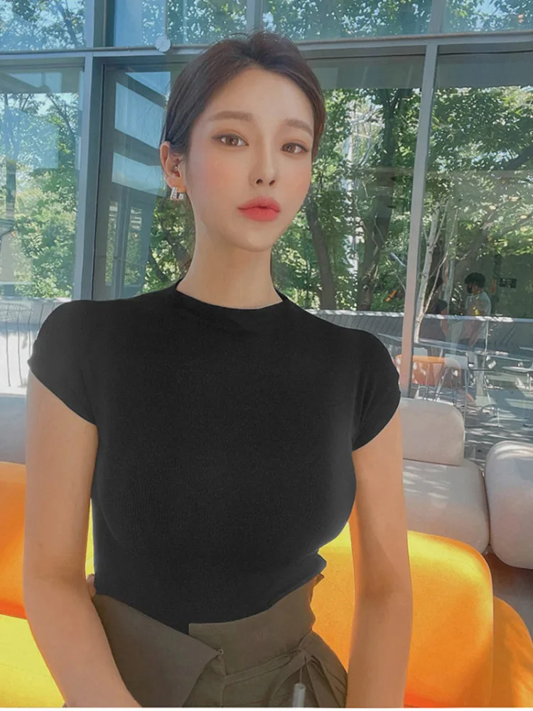 

TVVOVVIN Корейская новая облегающая тонкая пикантная футболка с большим коротким рукавом женская футболка с круглым вырезом милые топы 2022 летн...