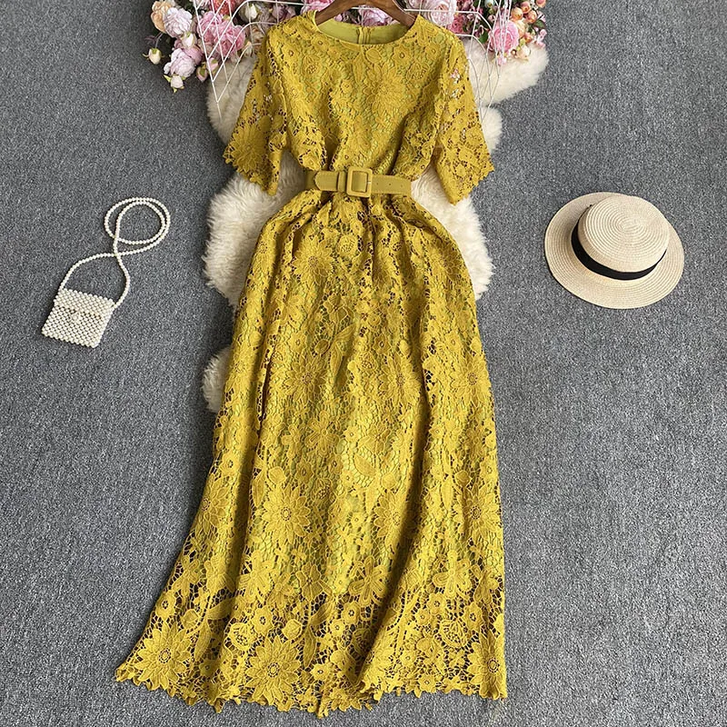 

Кружевное длинное платье с коротким рукавом 2023 модная женская одежда