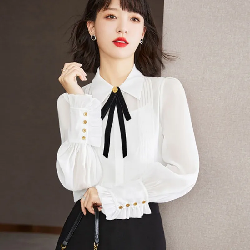 

2022 Autumn Women Shirt Chiffon Button Casual Women's Clothing Bow Turn-down Collar Long Sleeve Shirt