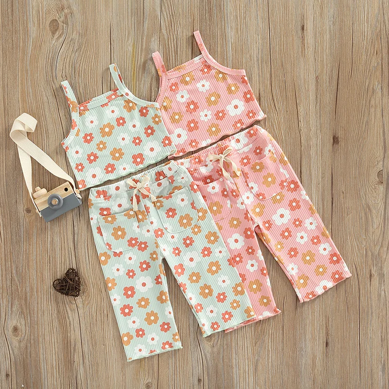 

Fashion Toddler Baby Girls Vest Trousers Set Summer Elastic Flower Button Ruffle Camisole Top Flared Pants Infant Outfits